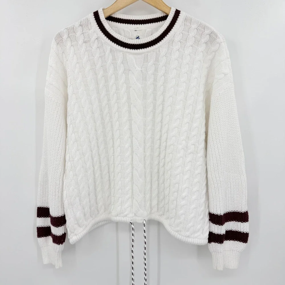 Lou & Grey White Cable Knit Varsity Stripe Cotton Sweater Drawstring Women's LG - Picture 2 of 4